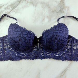 EUC Undiz Navy Blue Lace Push Up Balconette Bustier Bra, Sz 34C